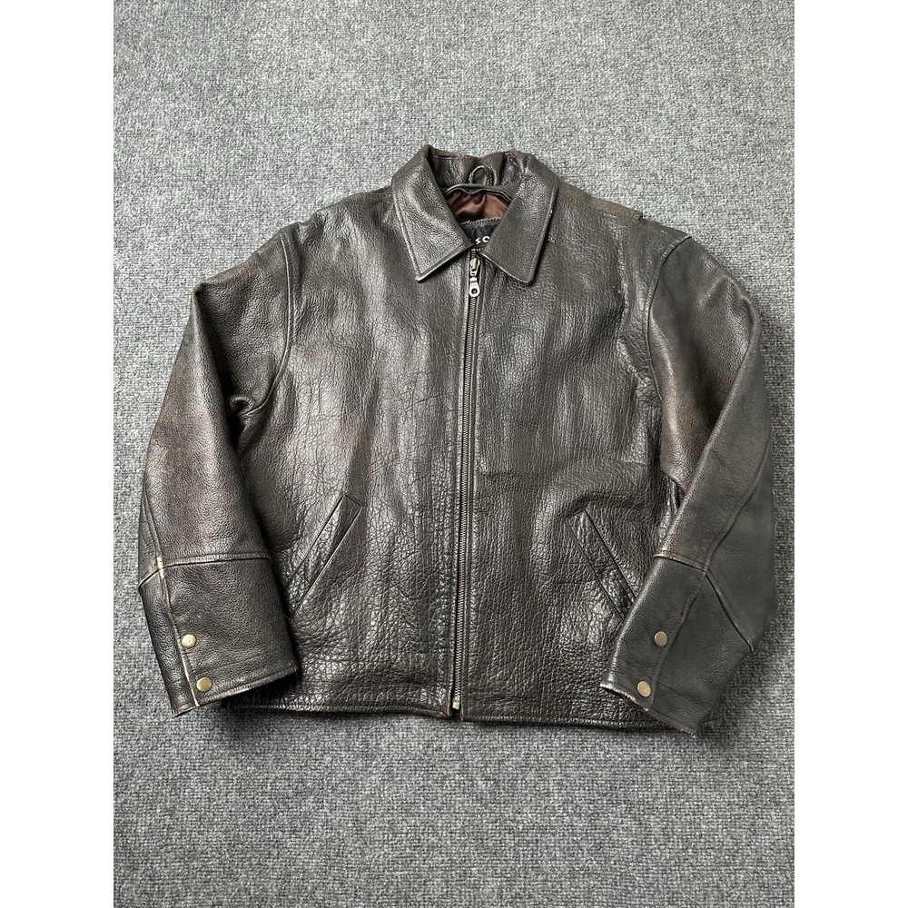 Mens Leather Wilson Brown Full Zip Classic Casual Bomber Jacket, Size M